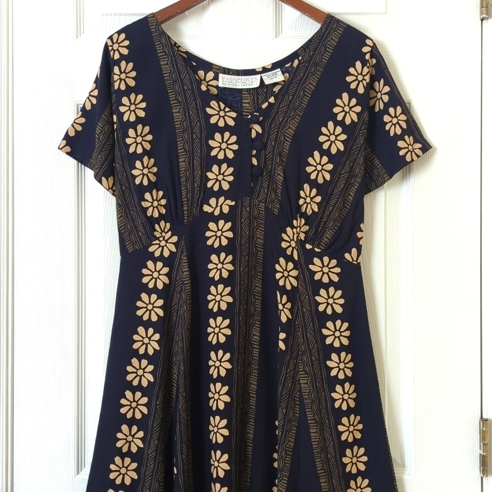 Passports of Pier 1 Imports 90s Vintage Bohemian Floral A-Line Midi Dress Navy S - Picture 2 of 11